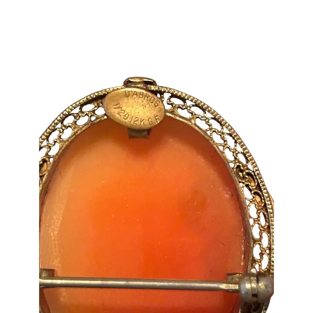 Vintage D’Abros Shell Cameo Brooch Pendant 12K Gold Filled Filigree Frame